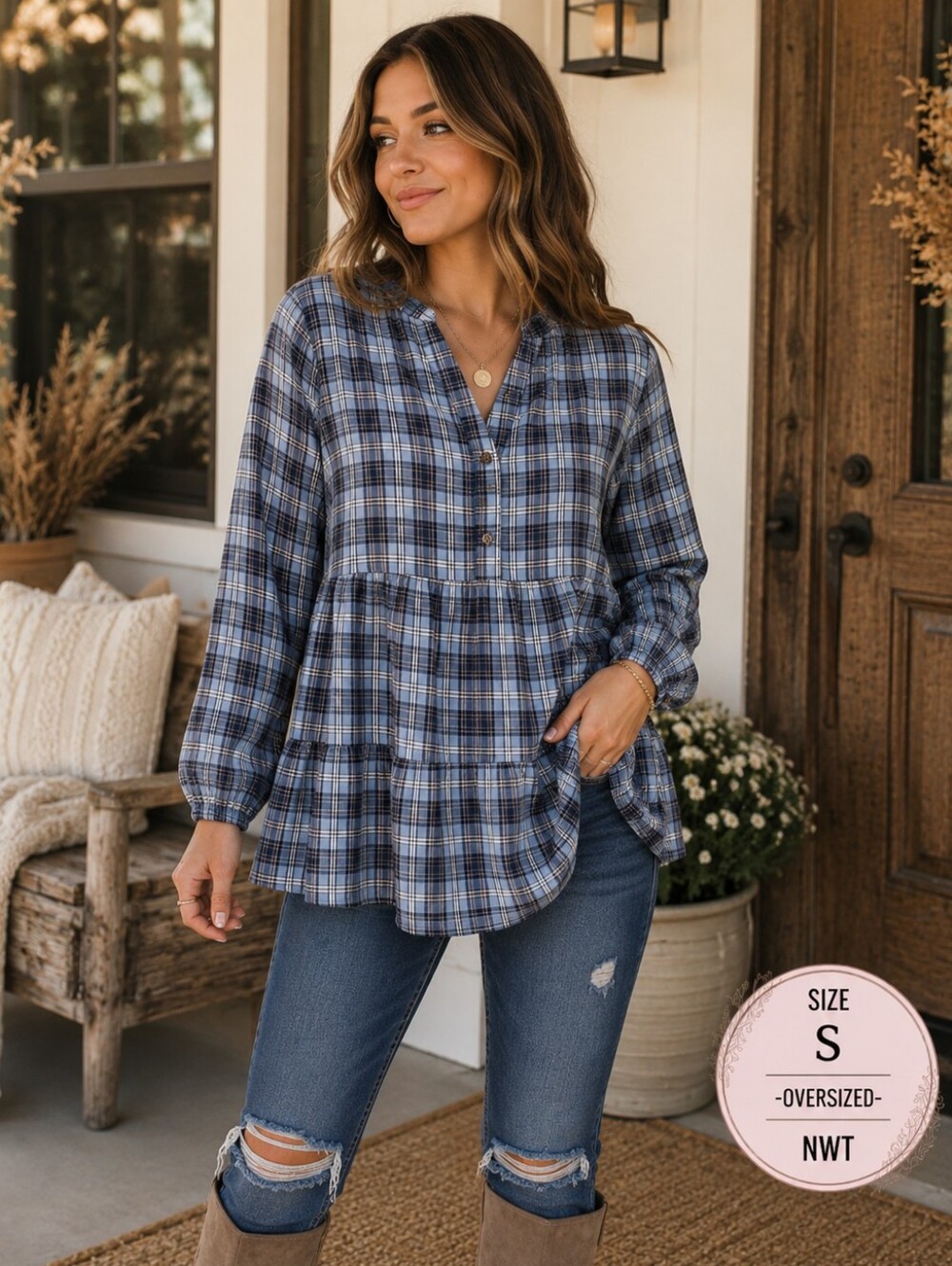 Easel NWT Blue Navy Plaid Tiered Tunic Blouse Size M Boho Cottagecore